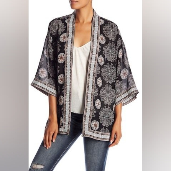 Max Studio Black Floral Geometric Printed Kimono Topper Cover up Size XL - Picture 1 of 8